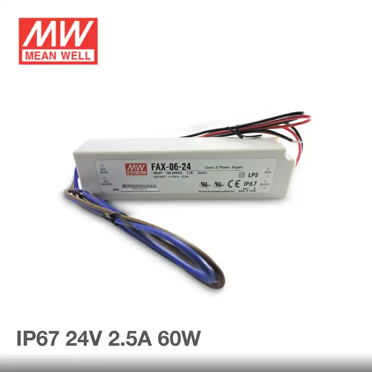 Fuente Switching MEANWELL 24V 2.5A 60W, 90-264VAC Exterior IP67 Súper Precio