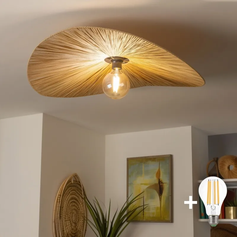 Última Versión Brilagi - Lámpara de techo LED de montaje en superficie CERIA BOHO 1xE27/40W/230V Ø 80 cm rafia/roble