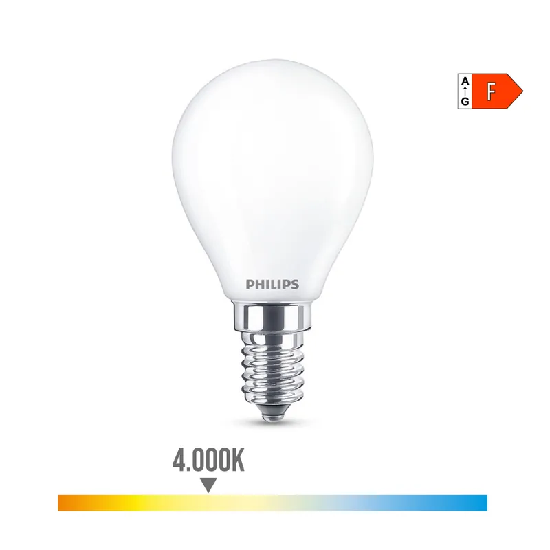 BOMBILLA ESFERICA LED E14 4,3W 470lm 4000K LUZ DIA Ø4,5x8,2cm PHILIPS Súper Precio