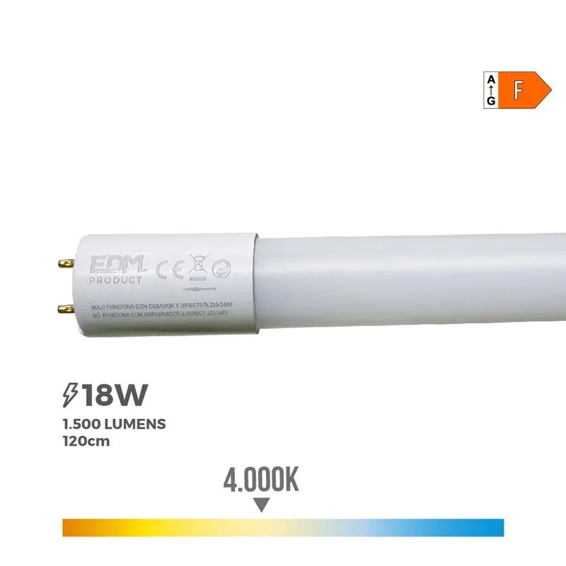 Precio Bajo TUBO LED T8 18W 1600lm 4000K LUZ DIA (EQ.36W) Ø2,6x120cm EDM