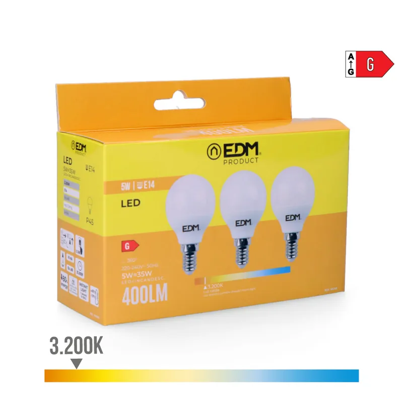 Precio Reducido KIT 3 BOMBILLAS ESFERICAS LED E14 5W 400lm 3200K LUZ CALIDA Ø4,5x8cm EDM