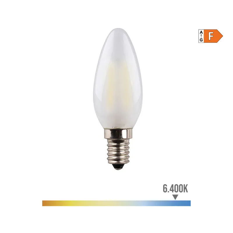 Alta Calidad BOMBILLA DE VELA CON FILAMENTO DE LED. CRISTAL MATE E14 4,5W 470lm 6400K LUZ FRIA Ø3,5x9,8cm EDM
