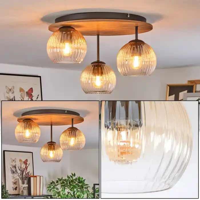 Koyoto Plafones, Luminarias esféricas Marrón, Color madera, Negro, 3 luces Ordena Ya