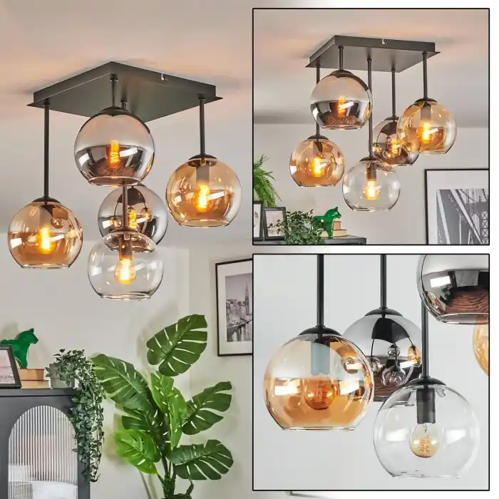 No Te Lo Pierdas Koyoto Plafones, Luminarias esféricas Colores ámbar, Cromo, Transparente, Ahumado, 5 luces