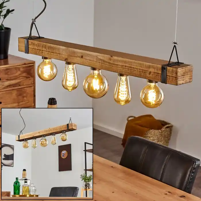 A Buen Precio Montgomery Lámpara Colgante Madera clara, Negro, 5 luces