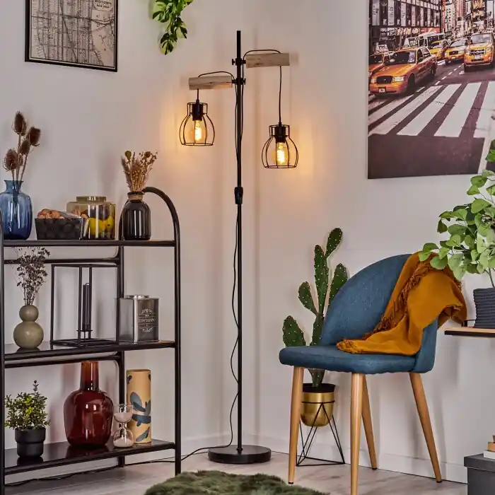 Gondo Lámpara de Pie Madera clara, Negro, 2 luces Alta Calidad