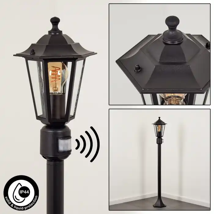 Loria Poste de Jardín Negro, 1 luz, Sensor de movimiento Garantía De Devolución De Dinero