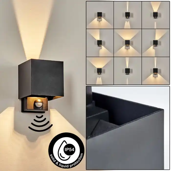 Última Versión Almodofa Aplique de exterior, Lámpara Up & Down Negro, 1 luz, Sensor de movimiento