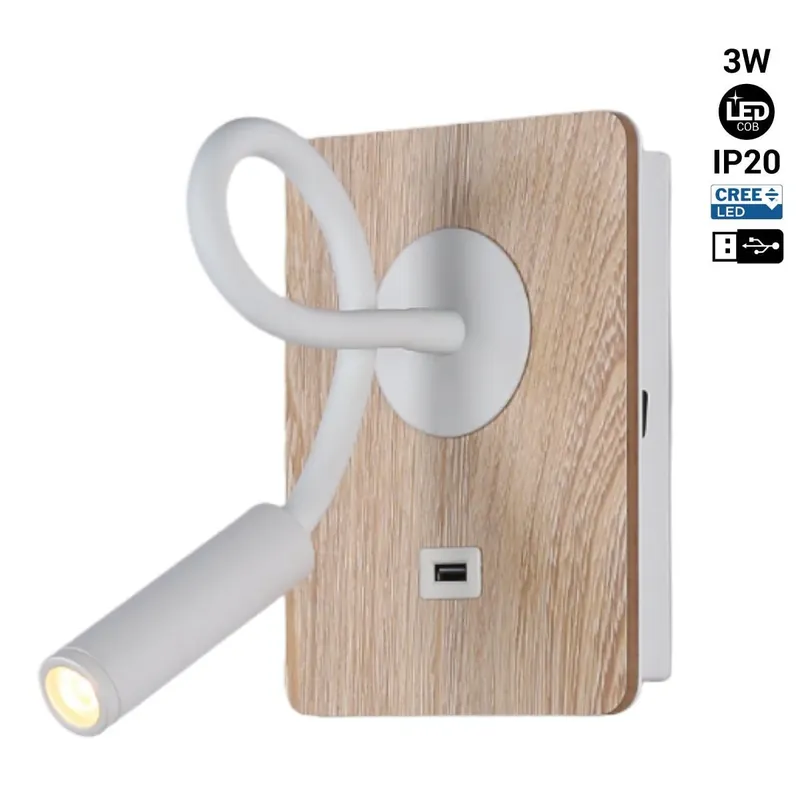 Bestseller Aplique de pared flexible para lectura con puerto USB "LONDON USB" - Chip CREE - 3W Negro