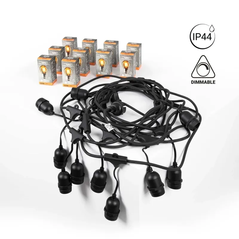 Venta Final Kit guirnalda luces exterior 11,5 metros + 10 bombillas Regulables LED G45/E27- 4W - 2200K - IP44