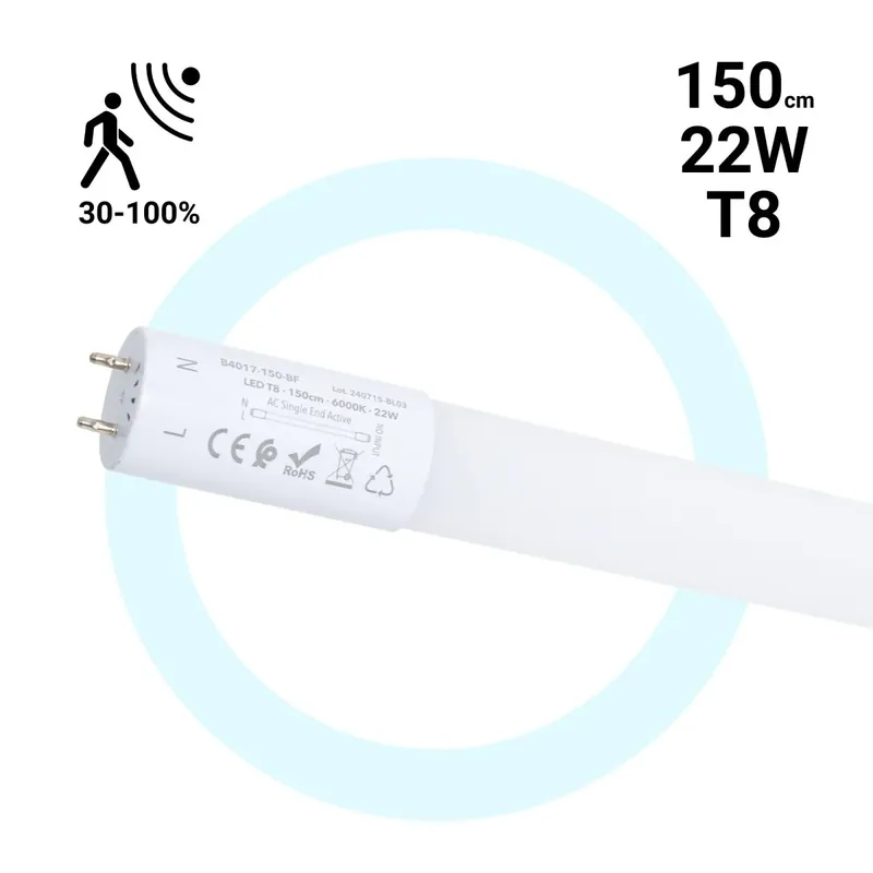Tubo LED T8 con sensor de movimiento microondas 30-100% - 22W - 150 cm - 6000K Última Versión
