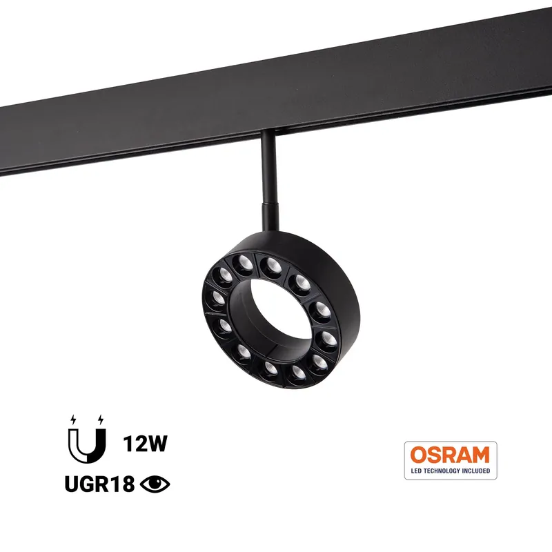 Luminaria circular LED para carril magnético 48V - Ø11,5cm - 12W - CRI90 - UGR18 - OSRAM Negro Barato