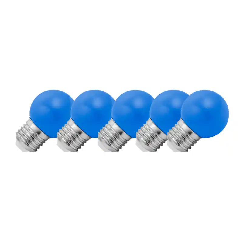 Última Oportunidad Lighto | Bombilla LED | Casquillo grande E27 | Azul | Lámpara de bola | 45mm | 1.5W | Regulable | Paquete de 5 | Apto para cable de lamprea