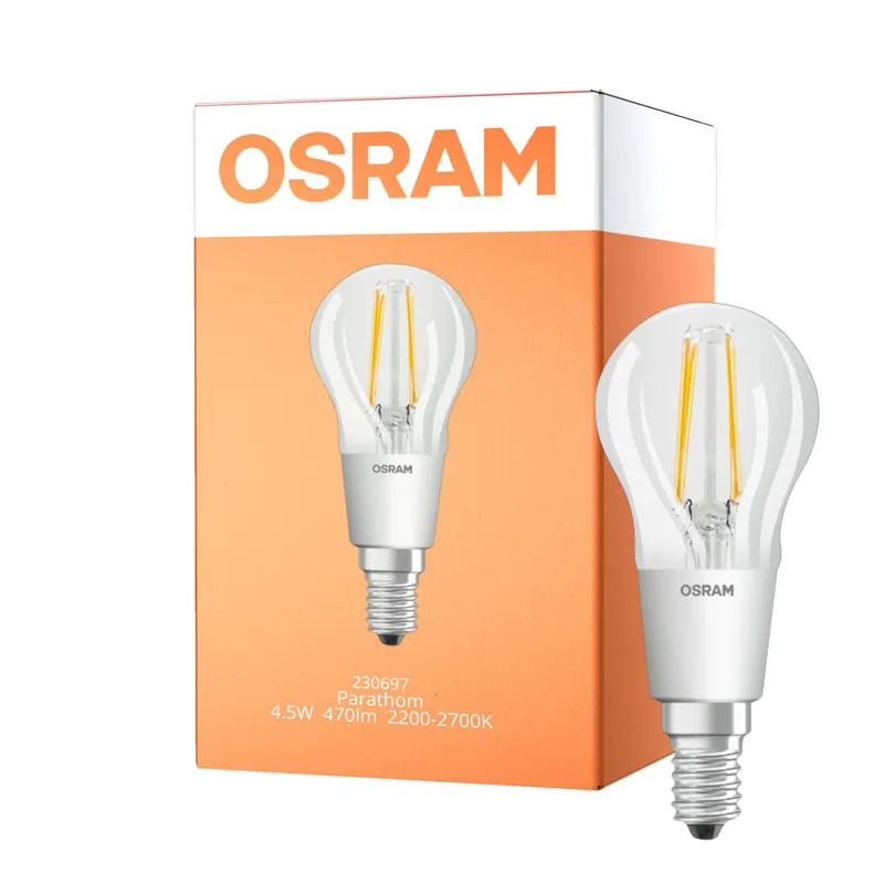 Osram Parathom Classic LED E14 Esférica con Filamento Clara 4.5W 470lm - 822-827 Dim to Warm | Regulable - Reemplazo 40W Precio Reducido