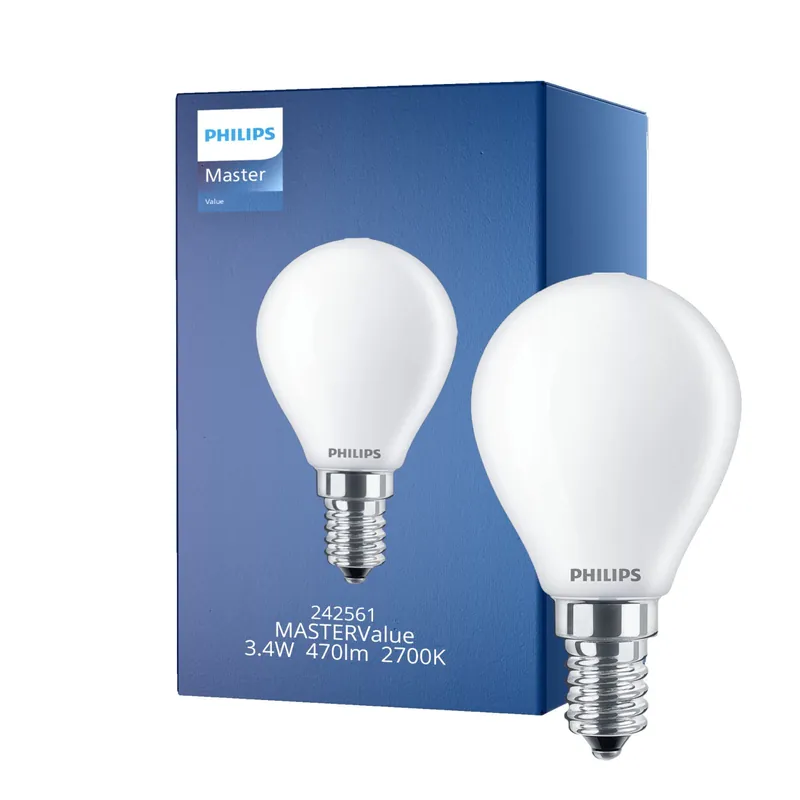 Philips Master Value LED Lustre E14 Esférica Mate 3.4W 470lm - 927 Luz muy Cálida | Mejor reproducción de color - Regulable - Reemplazo 40W Precio Reducido