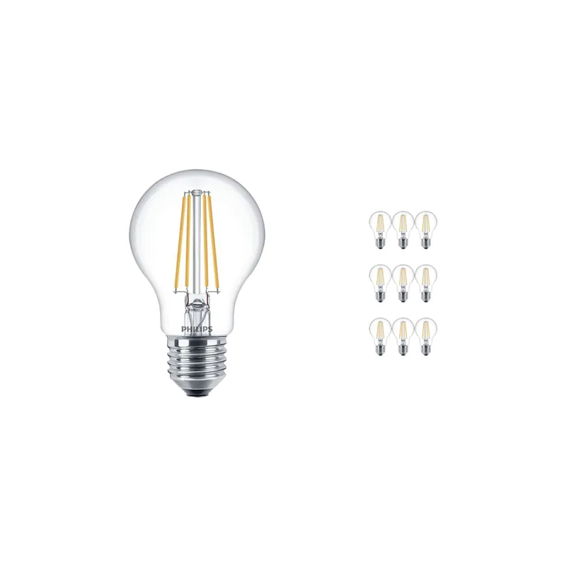 Multipack 10x Philips Classic LED Bulb E27 Pera Clara 7W 806lm - 827 Luz muy Cálida | Reemplazo 60W Económico