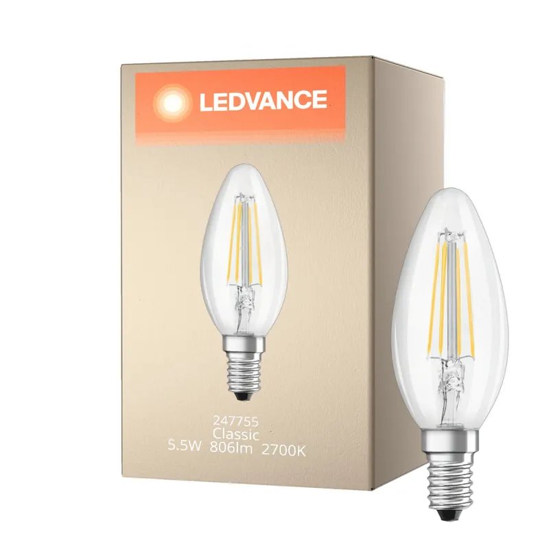 Ledvance Classic LED E14 Vela con Filamento Clara 5.5W 806lm - 827 Luz muy Cálida | Reemplazo 60W Promoción Exclusiva