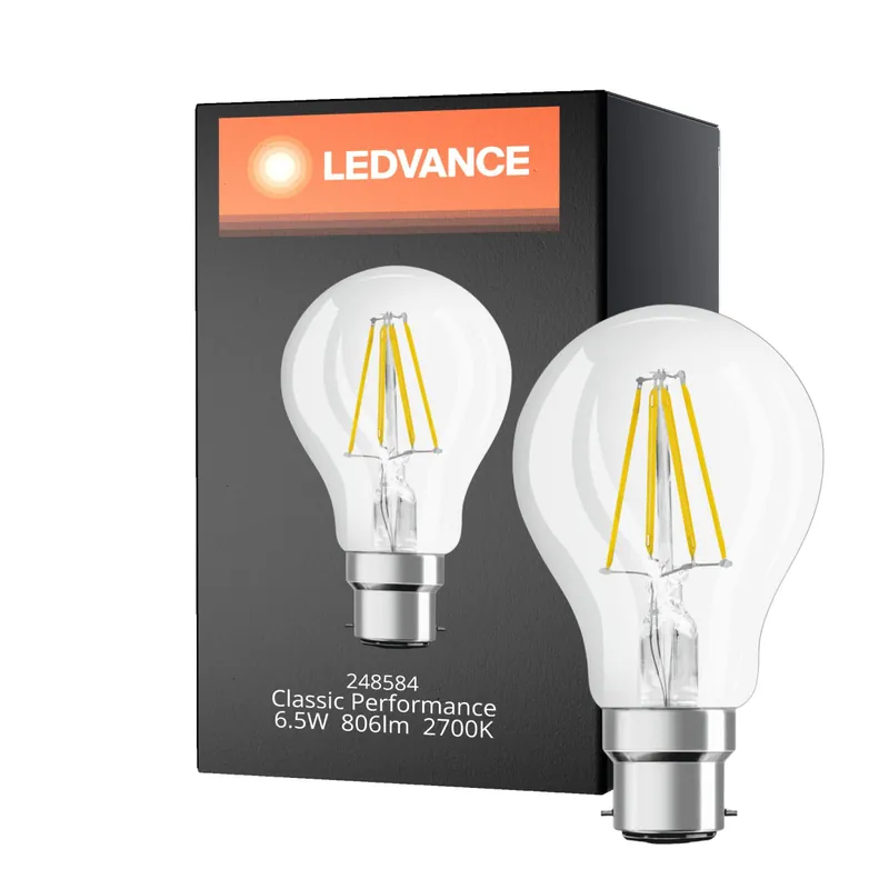 Alta Calidad Ledvance Classic Performance LED Bulbo B22d Pera con Filamento Clara 6.5W 806lm - 827 Luz muy Cálida | Reemplazo 60W