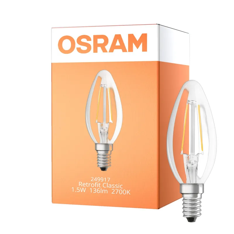 Última Versión Osram Classic LED E14 Vela Con Filamento Clara 1.5W 136lm - 827 Luz Muy Cálida | Reemplazo 15W