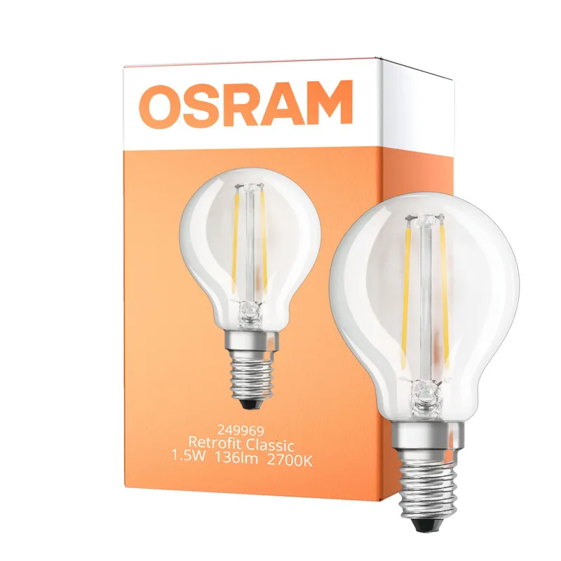 Osram Classic LED E14 Esférica Con Filamento Clara 1.5W 136lm - 827 Luz Muy Cálida | Reemplazo 15W Precio Económico