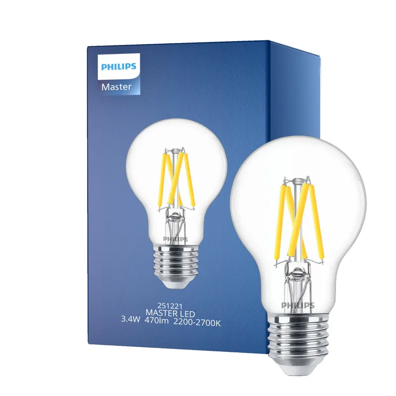 Favorito De Clientes Philips Master LED E27 Pera Con Filamento Clara 3.4W 470lm - 922-927 Dim To Warm | Mejor Reproducción De Color - Regulable - Reemplazo 40W