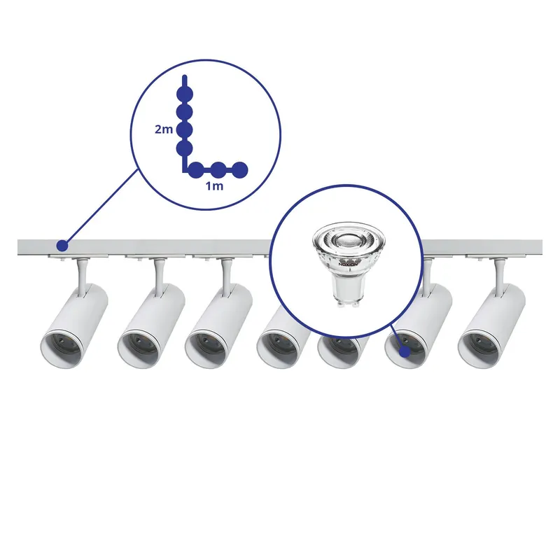 Bright Choice Set completo 1-Fase Rail L 1 x 2 Metro Blanco | incl. 7x Foco + GU10 2700K 3W Regulable + Tapa Final, Conector de Alimentación y L -Conector Precio Rebajado